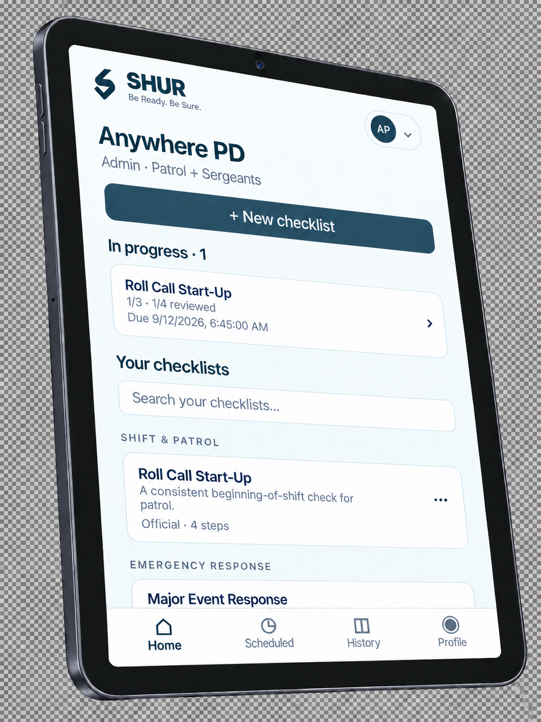 SHUR checklist screen composited onto an angled iPad, with the workspace renamed Anywhere PD.